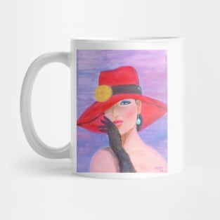 Incognito. Elegant lady wearing a red hat Mug